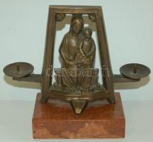 O.K.Z jelzéssel Máriát és Jézust ábrázoló bronz gyertyatartó vörös márvány talapzaton. / brass candelabra on red marble foundation 20x20x8cm