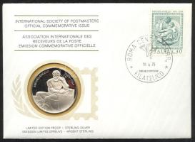 Olaszország 1975. "Michelangelo 500 éve született" a Postamesterek gondozásában kiadott Ag(925) emlékérem 20g érmés, bélyeges borítékon, olasz bélyeggel, elsőnapi bélyegzővel, holland nyelvű ismertetővel T:PP  Italy 1975. "500th Anniversary of the birth of Michelangelo" Ag(925) medallion (20g) / International Society of Postmasters - Medallic First Day Cover with Dutch information C:PP