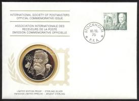 Svédország 1975. "Nobel-díj" a Postamesterek gondozásában kiadott Ag(925) emlékérem 20g érmés, bélyeges borítékon, svéd bélyeggel, elsőnapi bélyegzővel, holland nyelvű ismertetővel T:PP  Sweden 1975. "The Nobel Prizes" Ag(925) medallion (20g) / International Society of Postmasters - Medallic First Day Cover with Dutch information C:PP