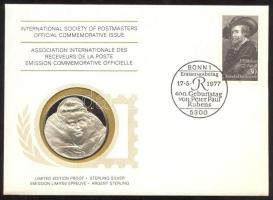 NSZK 1977. "Peter Paul Rubens" a Postamesterek gondozásában kiadott Ag(925) emlékérem 20g érmés, bélyeges borítékon, NSZK bélyeggel, elsőnapi bélyegzővel, holland nyelvű ismertetővel T:PP  Germany Federal Republic 1977. "Peter Paul Rubens" Ag(925) medallion (20g) / International Society of Postmasters - Medallic First Day Cover with Dutch information C:PP