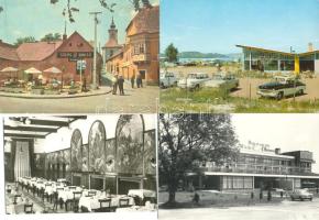 40 db színes és fekete-fehér, modern motívumlap, mind magyarországi városokban található éttermeket ábrázol