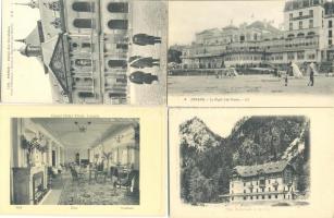 70 db régi fekete-fehér képeslap főleg magyar és európai városok szállodáiról, színes, érdekes anyag...