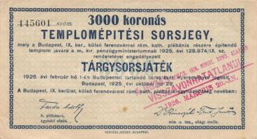 1925. Templomépítési sorsjegy 3000K értékben felülbélyegzéssel T:II