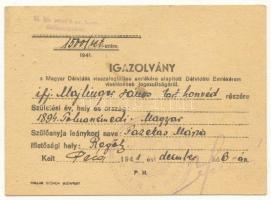 1941. Igazolvány a Magyar Délvidék visszafoglalása emlékére alapított Délvidéki Emlékérem viselésének jogosultságáról