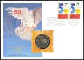 Hollandia 1995. Ecu "ENSZ + 1997. "Európai Unió" 2db érmés boríték alkalmi bélyegzős bélyegpárral, hátoldali ismertetővel T:PP Netherlands 1995. ECU Letter (2x) "United Nations" + 1997. "European Union" C:PP