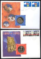 Hollandia 1995. Ecu "100 éves a mozi" + 1997. "Születés" 2db érmés boríték alkalmi bélyegzős bélyegpárral, hátoldali ismertetővel T:PP Netherlands 1995. ECU Letter (2x) "100 years film" + 1997. "Birth" C:PP