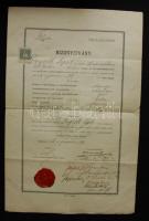 1908 Okmánybélyeggel, viasz pecséttel ellátott posta- és távirda tanfolyam vizsgabizonyítvány