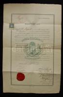 1909 Okmánybélyeggel, viasz pecséttel ellátott posta- és távirda tanfolyam vizsgabizonyítvány