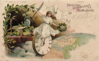 New Year, globe hold to light litho