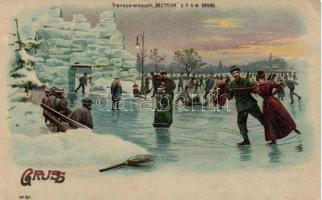 Ice-skaters hold to light litho