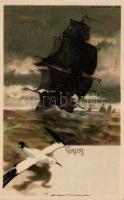 Warship, seagull, Luna Sagenserie No. 82. hold to light litho s: E. K.