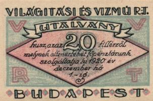 Budapest 1920. "Világítási és Vízmű R.T." 20f, 50f, 1K, 2K, 5K, 10K T:I