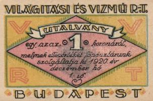 Budapest 1920. "Világítási és Vízmű R.T." 20f, 50f, 1K, 2K, 5K, 10K T:I