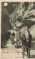 Kamnitz Gorge, Edmundsklamm; hintere Bootsstation / boat port, night, Luna No. 107 hold to light litho