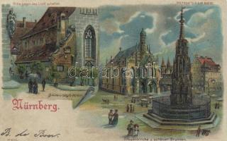 Nürnberg, Bratwurstglöcklein, Frauenkirche, Schöner Brunnen / church, fountain, Meteor D.R.G.M. 88690 No. 647. hold to light litho (fl)