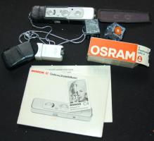 1975 Minox C típusú kém fényképezőgép eredeti dobozában, bőr tokkal, lánccal, hozzá tartozó C4-es va...