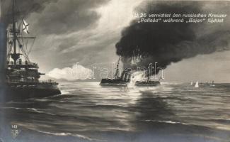 Military WWI U26 destroying Russian battleships Pallada and Bajan