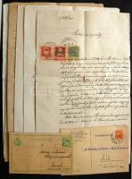 Kis vegyes tétel: levelezőlapok, régi számlák, dokumentumok, nyomtatványok, levelek illetékbélyegekkel