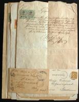 Kis vegyes tétel: levelezőlapok, régi számlák, dokumentumok, nyomtatványok, levelek illetékbélyegekkel