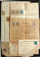 Kis vegyes tétel: régi számlák, dokumentumok, nyomtatványok, levelek illetékbélyegekkel