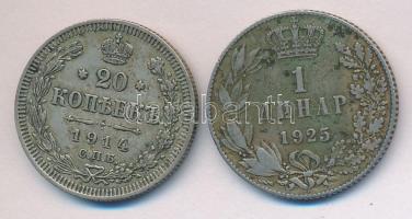 Cári Oroszország 1914. 20k Ag + Szerbia 1925. 1D Ag T:2- Russia/Empire 1914. 20 kopeks Ag + Serbia 1925. 1 Dinar Ag C:VF