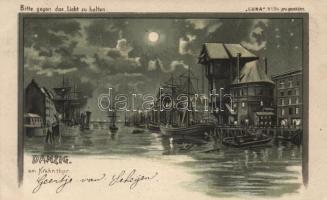 Gdansk at night hold to light litho