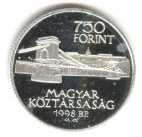 1998. 750Ft Ag "Budapest egyesítésének 125. évfordulója" T:PP Tanúsítvánnyal, díszdobozban