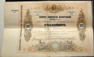 Zsáka 1912. "Zsákavidéki Takarékpénztár Részvénytársaság" részvénye 100K-ról szelvényekkel