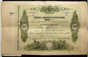 Zsáka 1910. "Zsákavidéki Takarékpénztár Részvénytársaság" részvénye 100K-ról szelvényekkel és elővételi jog gyakorlásáról szóló pecsét