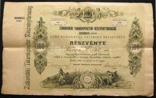 Zsáka 1896. "Zsákavidéki Takarékpénztár Részvénytársaság" részvénye 100K-ról szelvényekkel és elővételi jog gyakorlásáról szóló pecsét