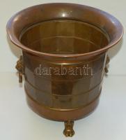 Oroszlánlábakon álló réz pezsgős vödör 21cm magas