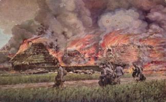 Military WWI burning Russian village