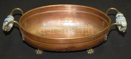 ~1900 Réz párologtató porcelán fogantyúval 14x33cm