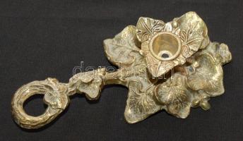 Díszes régi, füles öntöttvas, réz hatású gyertyatartó 21x7cm