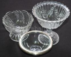Nagy üveg tétel: tál, 2db cukorkakínáló, gyümölcsös tál