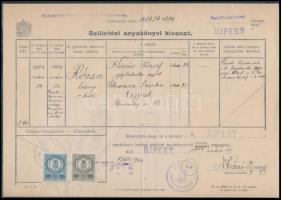 1944 Születési anyakönyvi kivonat Újpest városi okmánybélyegekkel