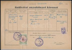 1947 Születési anyakönyvi kivonat illetékbélyeggel + Győr városi okmánybélyeggel