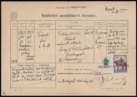 1941 Születési anyakönyvi kivonat 1P okmánybélyeggel + 2P Budapest városi okmánybélyeggel