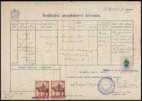 1941 Születési anyakönyvi kivonat 1P okmánybélyeggel + 2 x 1P Budapest városi okmánybélyeggel