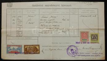 1926 Születési anyakönyvi kivonat okmánybélyeggel + Budapest városi okmánybélyegekkel