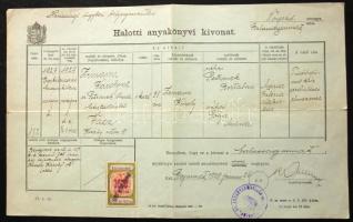 1929 Halotti anyakönyvi kivonat Balassagyarmat városi okmánybélyeggel