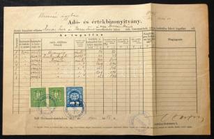 1931 Adó és értékbizonyítvány okmánybélyeggel + Hódmezővásárhely városi bélyeggel