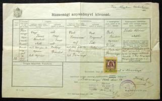 1926 Házassági anyakönyvi kivonat 10000K okmánybélyeggel