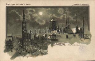Gdansk at night, Town hall, tram, hold to light litho (EB)