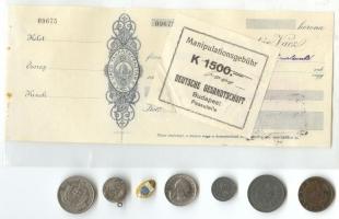 Vegyes numizmatikai tétel, benne: Budapesti Német Nagykövetség útlevél intéző irodai szelvény, Váczi Takarékpénztári utalvány, FPI mandzsettagomb, XII. Pius Pápa medál és 5db klf forgalmi érme T:vegyes