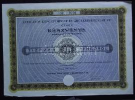 Budapest 1944. "Általános Export-Import Árukereskedelmi RT." részvénye 10.000P értékben szelvényekkel, szárazpecséttel T:II