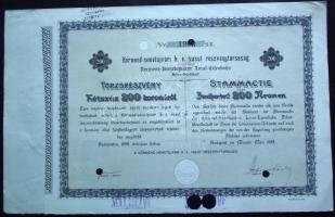 Budapest 1899. "Körmend-németújvári h. é. vasút részvénytársaság" törzsrészvénye 200K értékben szelvényekkel, szárazpecséttel, lyukasztással és "SELEJTEZVE" pecsételéssel érvénytelenítve T:II