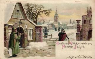 New Year, village scene, Meteor 533. hold to light litho (b)