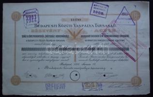 Budapest 1908. "Budapesti Közuti Vaspálya Társaság" részvénye 200K értékben szelvényekkel, szárazpecséttel, klf elővételi jog pecsételésekkel, lyukasztással és "SELEJTEZVE" pecsételéssel érvénytelenítve T:II