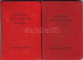 2db Magyar Dolgozókm Pártja tagsági könyv, 1953-56-ig, 145db bélyeggel és 1db segélybélyeggel